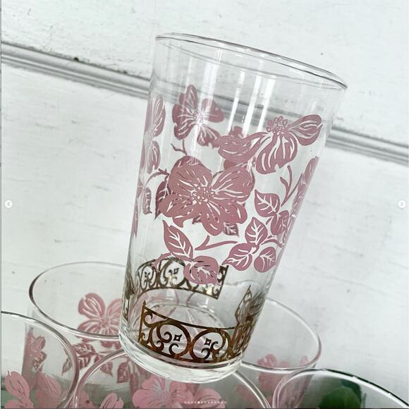 Vintage Federal Glass Tumbler Pink Dogwood Flower MCM Glassware Valentine SET 6 - Picture 5 of 10